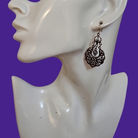 Vintage Delicate Filigree Heart Turkish Dangle Hook Earrings - Picture 1 of 6